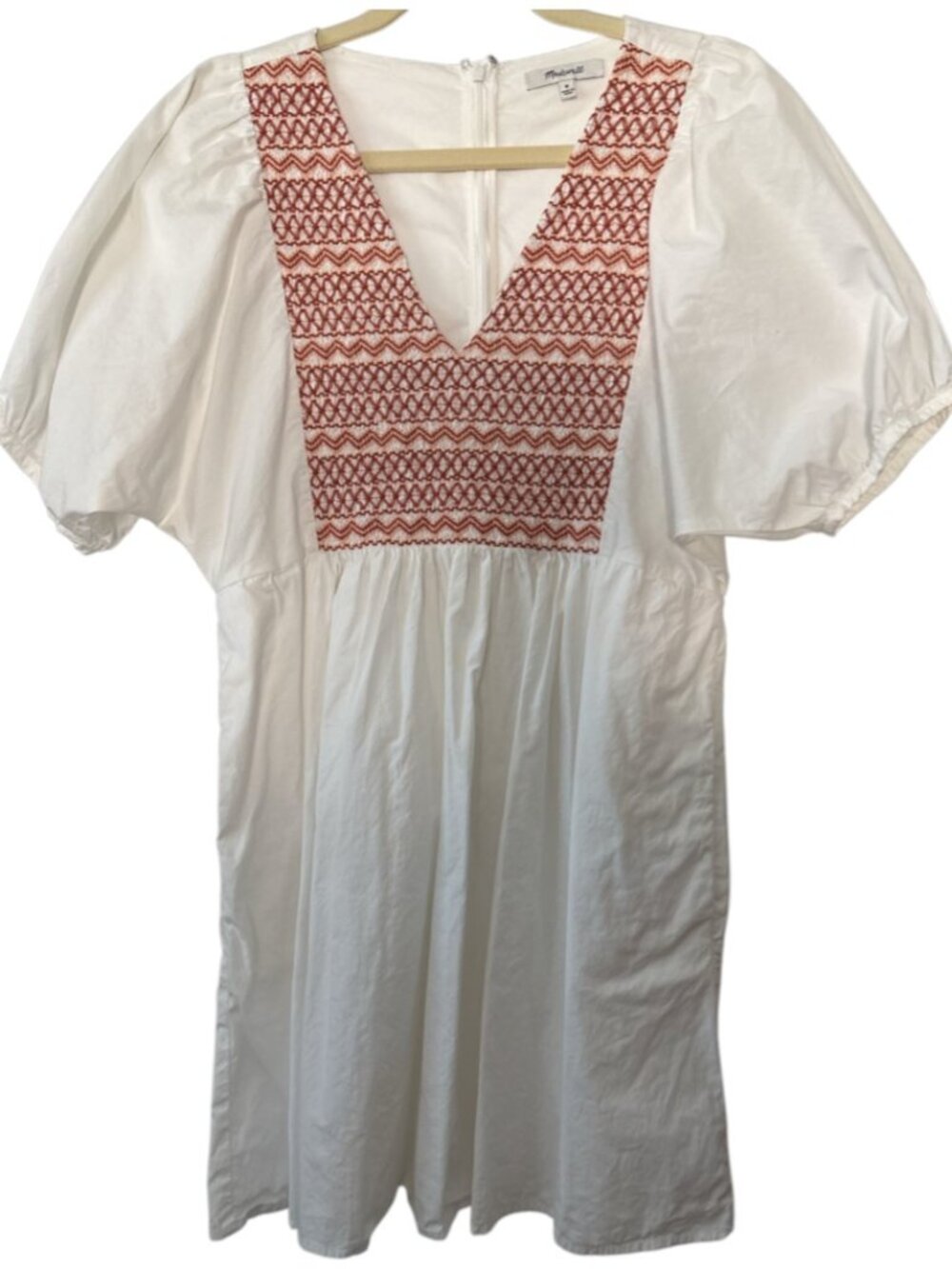 Madewell Embroidered Poplin V-Neck Mini Dress in White - Size M